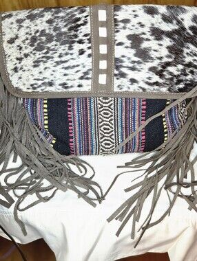 Myra Bag Brown Cowhide & Multicolor Woven Fringe Crossbody Bag